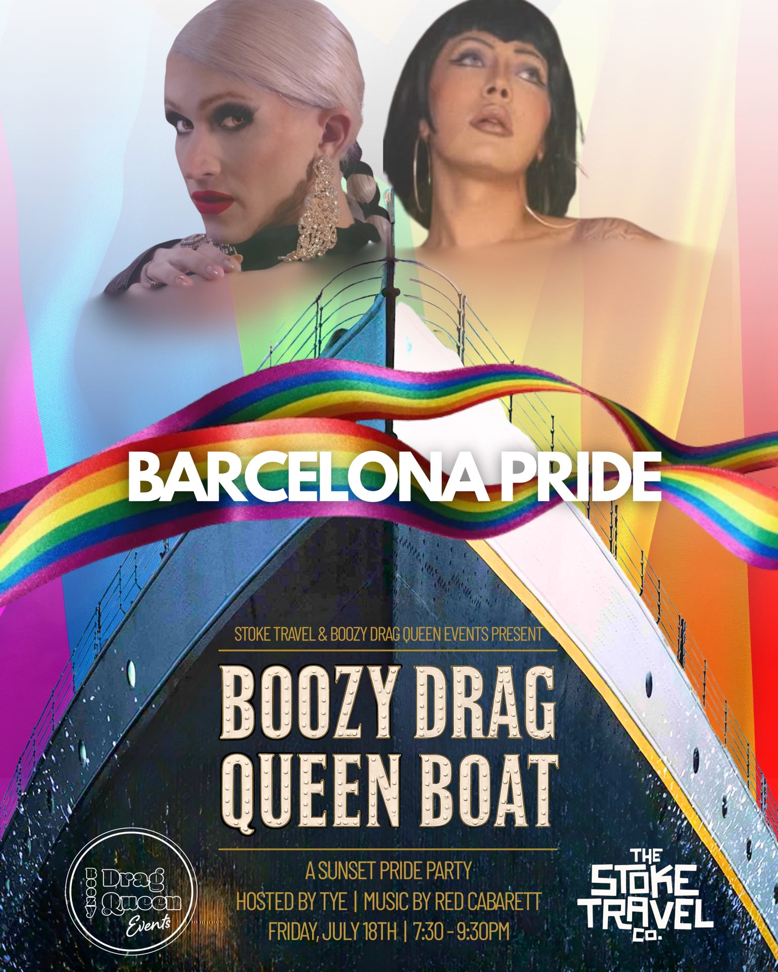 two queens on a pride boat in barcelona, spoof on the titanic